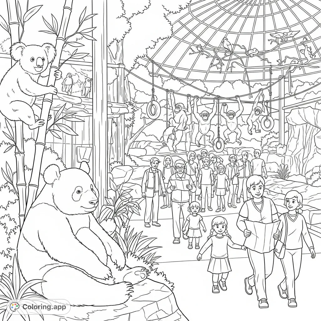 Explore a vibrant San Diego Zoo scene, with a playful panda, a curious koala, and swinging chimpanzees. A detailed wildlife adventure awaits.