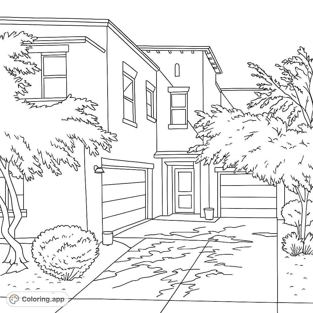 Explore a detailed Southwestern Desert Home coloring page. Features distinct architecture, layered foliage, and inviting textures for a satisfying creative experience.
