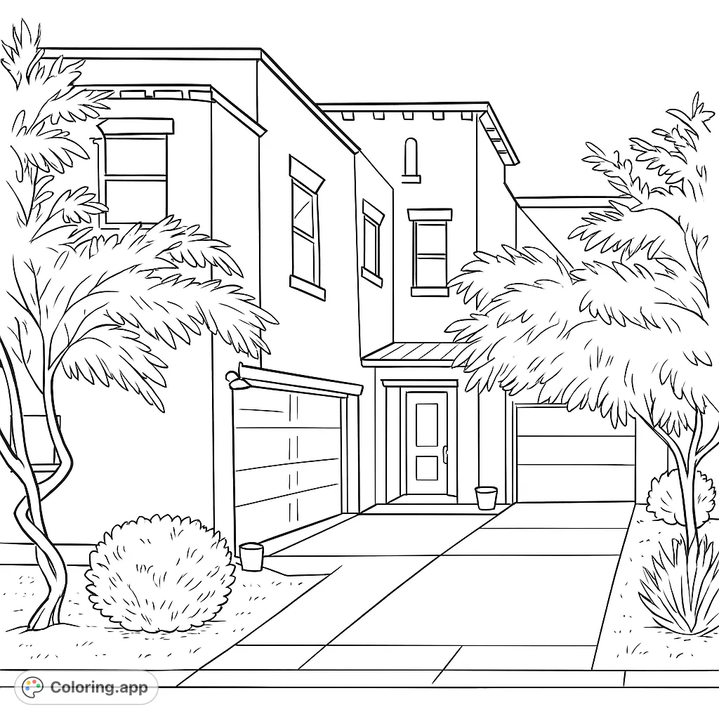 Explore a detailed Southwestern-style house exterior featuring multiple windows, large garage doors, and natural desert landscaping for a unique coloring experience.