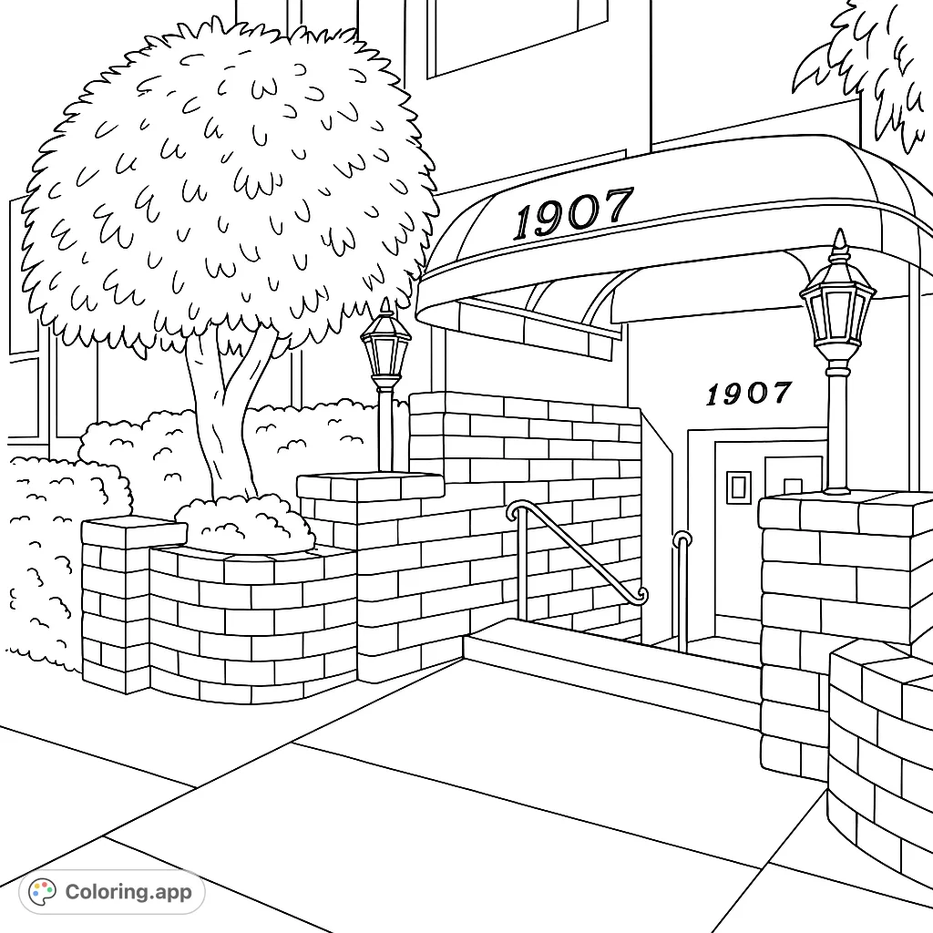 Explore a detailed urban building entrance coloring page featuring a grand awning with '1907', a large leafy tree, brickwork, and elegant lampposts.