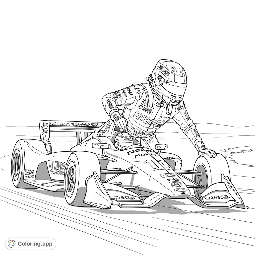 Dynamic race car and driver on the track. A thrilling speed-themed racing coloring page, perfect for motorsport fans and all ages.