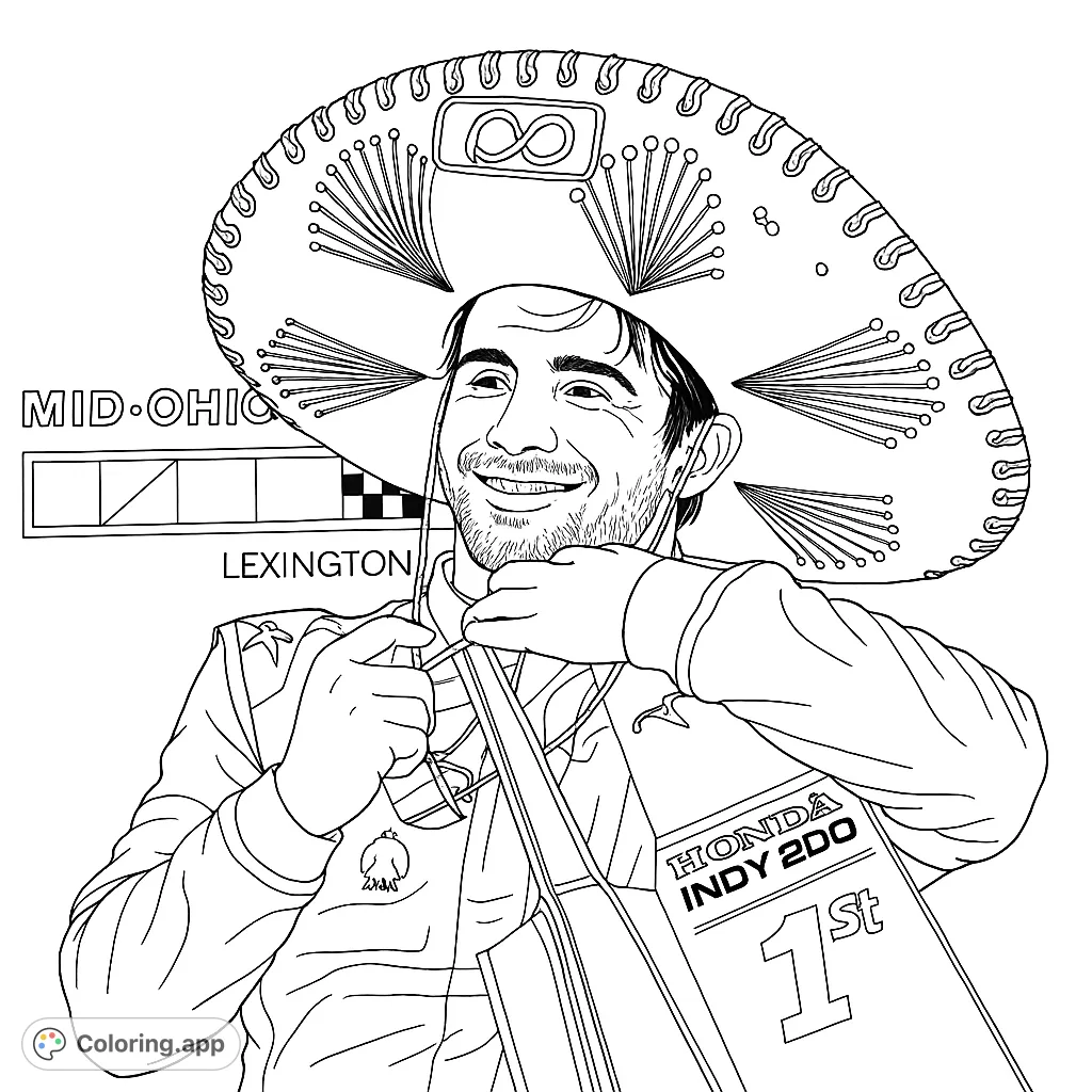 Celebrate victory with this racing champion in a festive sombrero! A detailed free printable coloring page for fans of speed and celebration.