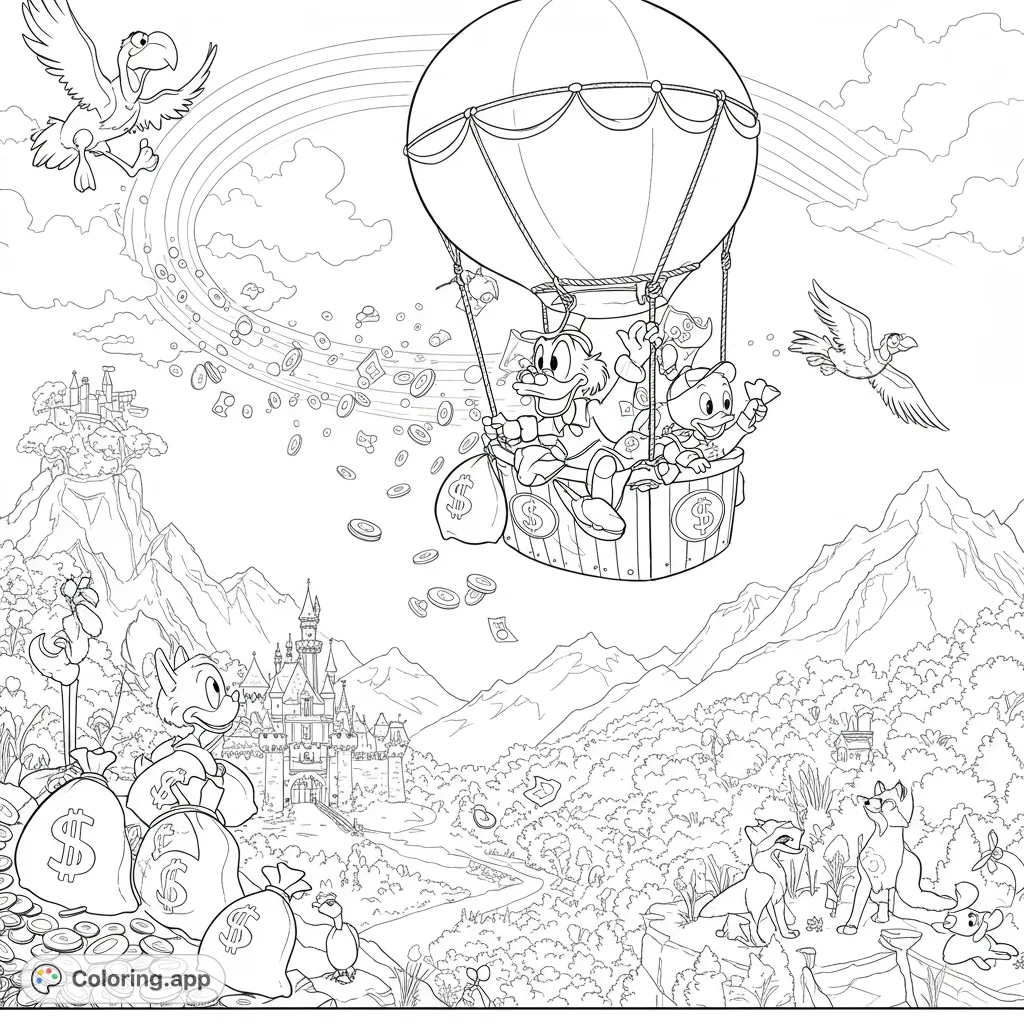 An exciting hot air balloon adventure featuring two ducks dropping money over a magical castle landscape. A fun, free printable coloring page for kids and adults!