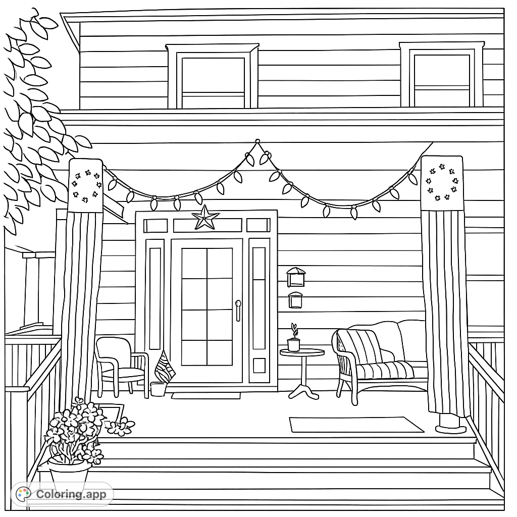 A charming front porch with festive lights, cozy furniture, and patriotic accents, perfect for a relaxing coloring experience.