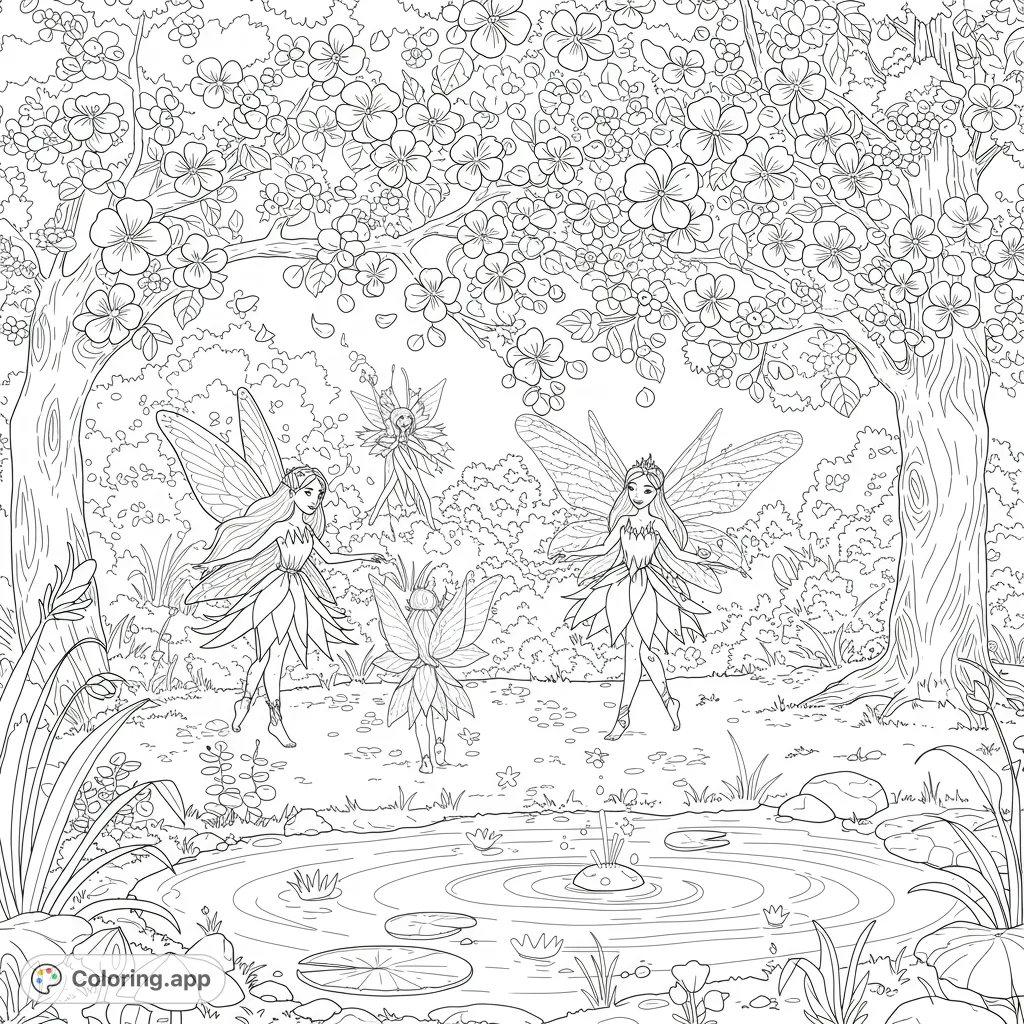 Enter an enchanted forest with graceful fairies dancing by a magical pond under blossoming trees. A whimsical fantasy coloring page for all ages.