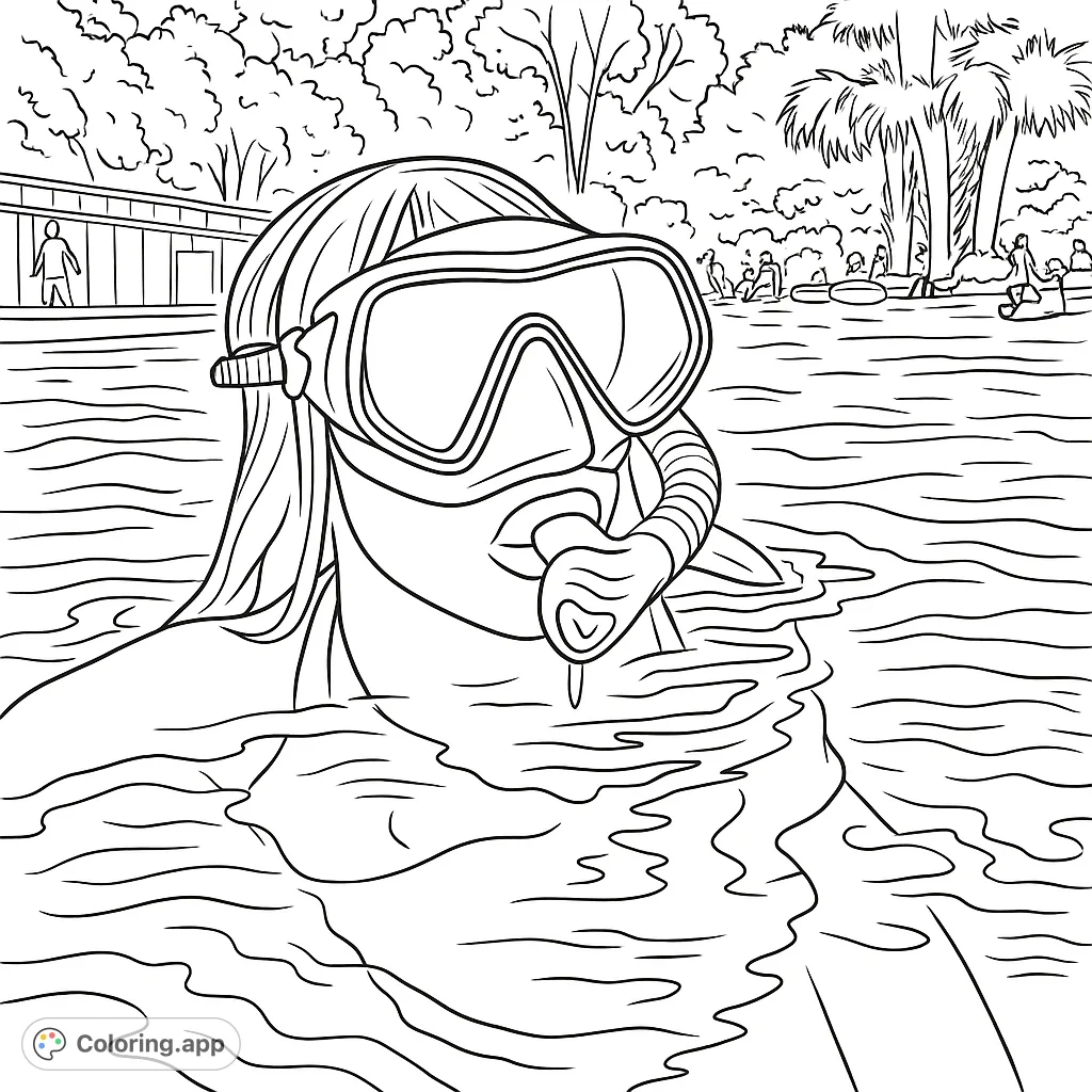 Dive into summer fun with this snorkeling coloring page! Features a person with a mask and snorkel in rippling water, surrounded by a vibrant outdoor scene.