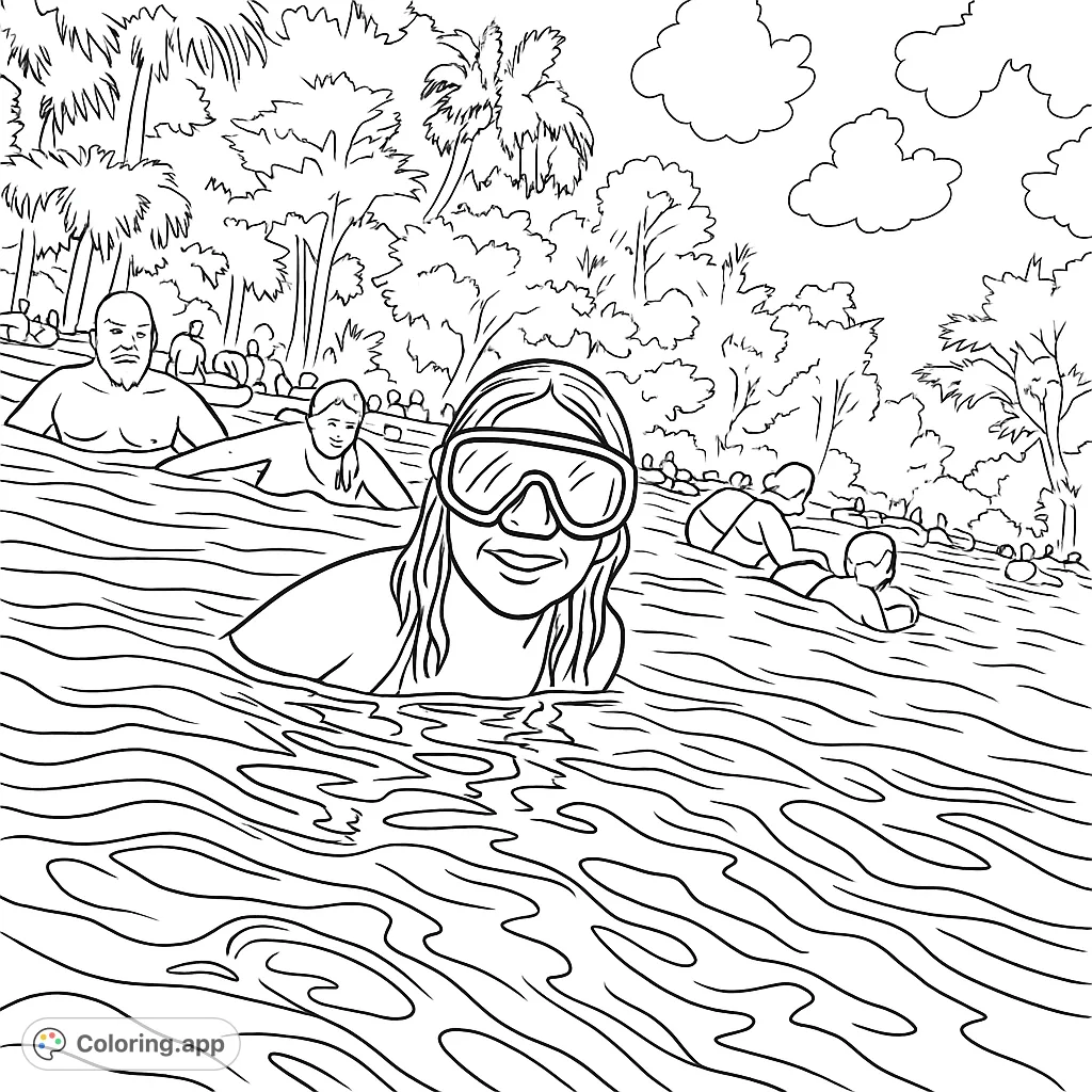 Dive into a refreshing summer swim adventure coloring page! Features a smiling person with goggles in rippling water, surrounded by lush trees and friends. Free printable coloring page for all ages.