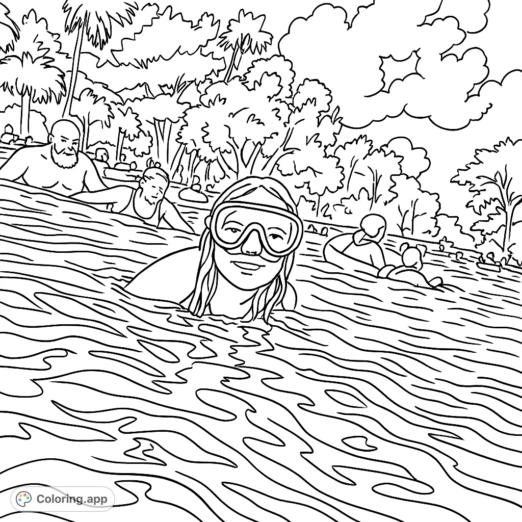 Dive into a tropical swim adventure! A smiling person in goggles enjoys a refreshing river dip with family and friends amidst lush trees and clear skies.