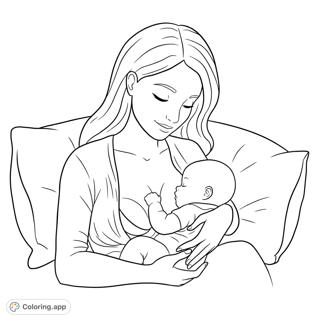 A serene mother gently cradles her sleeping newborn, capturing a tender moment of love and connection. This heartwarming scene is perfect for a peaceful coloring experience.