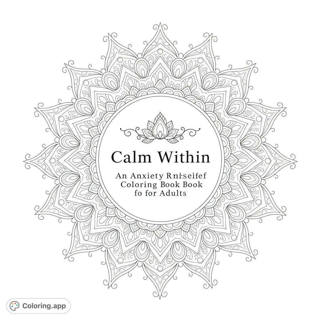 Unwind with an intricate mandala coloring page featuring a central lotus and radiating symmetrical patterns, perfect for mindfulness and relaxation.