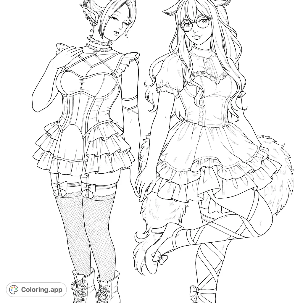 Two enchanting fantasy girls, an elf and a cat-girl, in detailed ruffled dresses and unique accessories. A delightful anime-style coloring page.