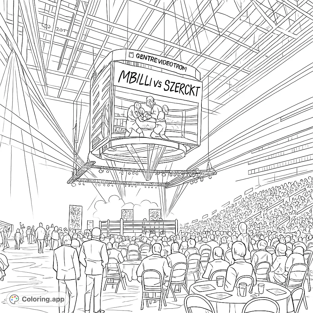 Immerse yourself in a thrilling boxing arena scene, featuring a central ring, a massive jumbotron, and a vast, energetic crowd.