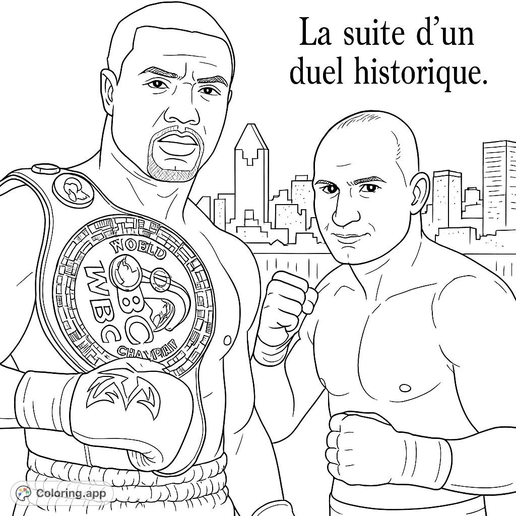 Dynamic boxing champions face off against a city skyline. A detailed championship belt and intense expressions make this a powerful sports coloring page.