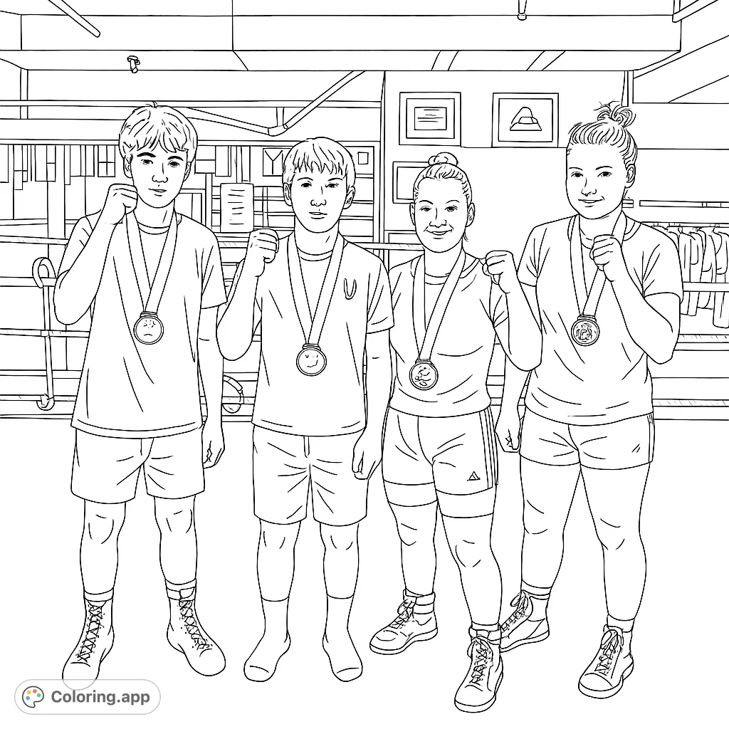 Four triumphant athletes proudly display their medals, celebrating victory in a detailed sports scene. A free printable sports coloring page for all ages!