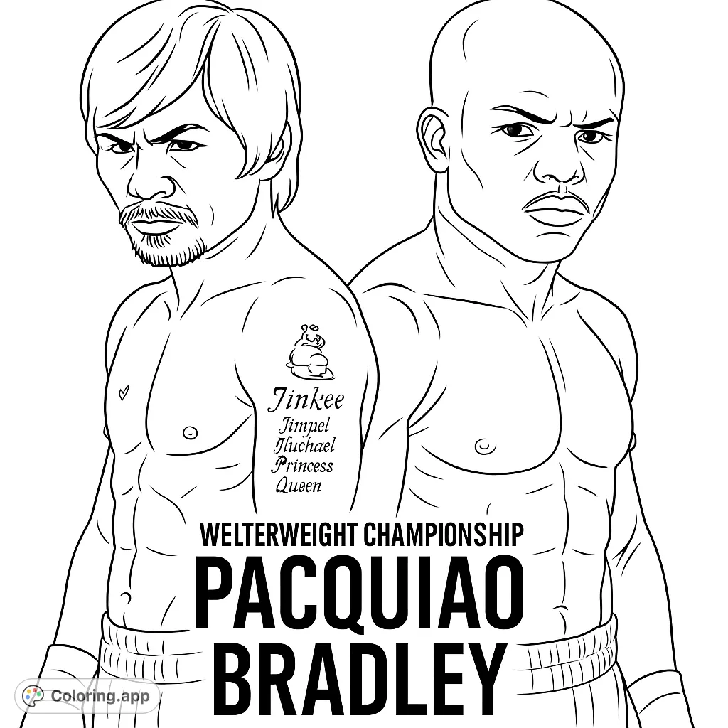 An intense boxing coloring page featuring two muscular fighters ready for battle. Perfect for sports fans and aspiring athletes to color.