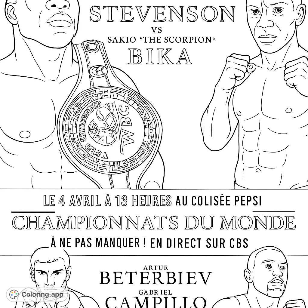 Unleash your creativity on this dynamic boxing coloring page featuring powerful athletes and a detailed championship belt, perfect for sports fans.