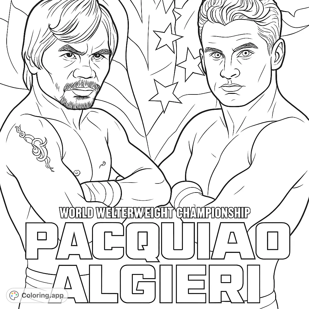 An intense boxing championship staredown featuring two powerful athletes, perfect for sports fans to color and bring to life with vibrant hues.
