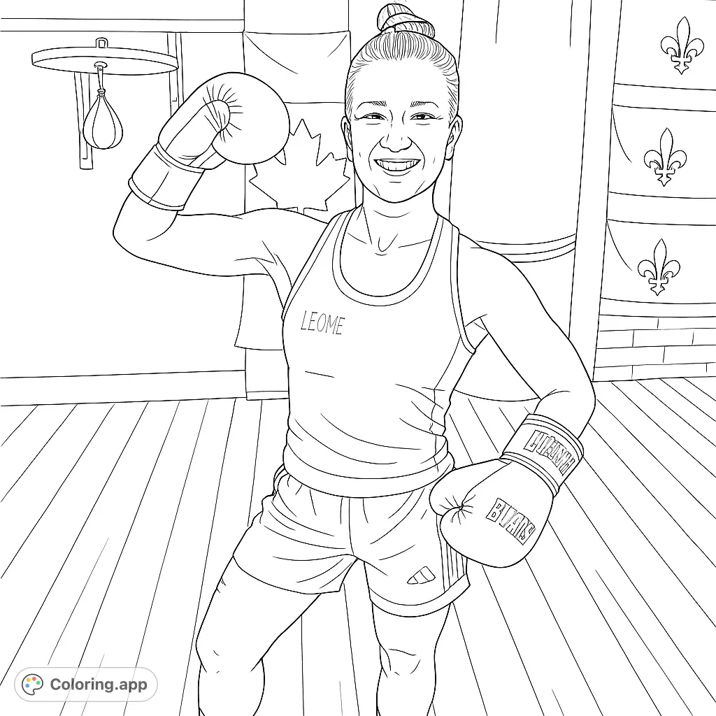 Empowering boxing coloring page featuring a strong woman flexing her bicep in a gym. Perfect for inspiring strength and determination.