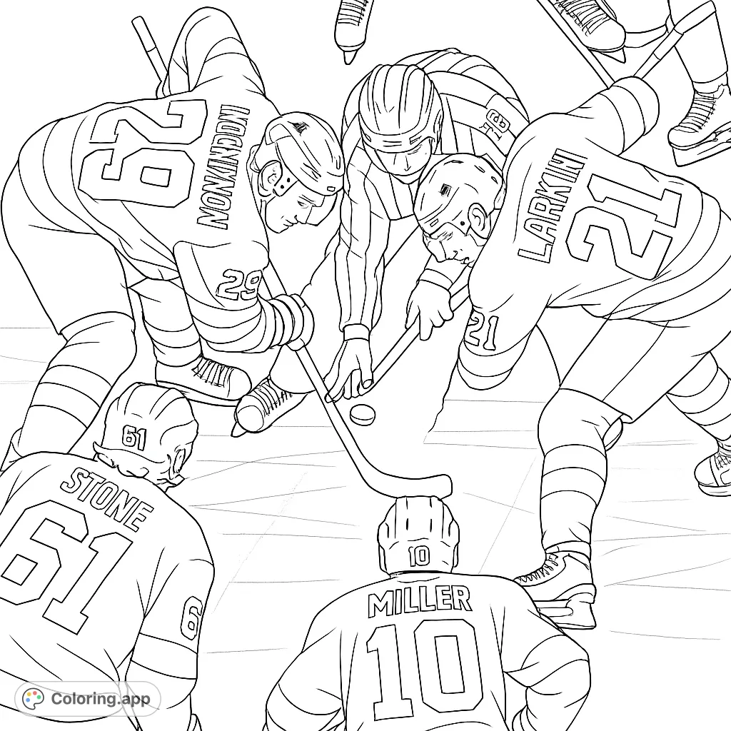 Experience the thrill of an ice hockey face-off! Detailed black and white line art of players, sticks, and puck on the ice. Perfect for sports fans.