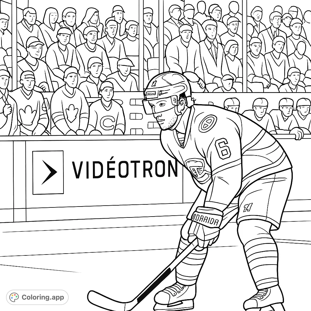 Capture the thrill of a hockey game! A dynamic player on the ice, stick ready, with cheering fans in the stands. Free printable hockey coloring page for all ages.