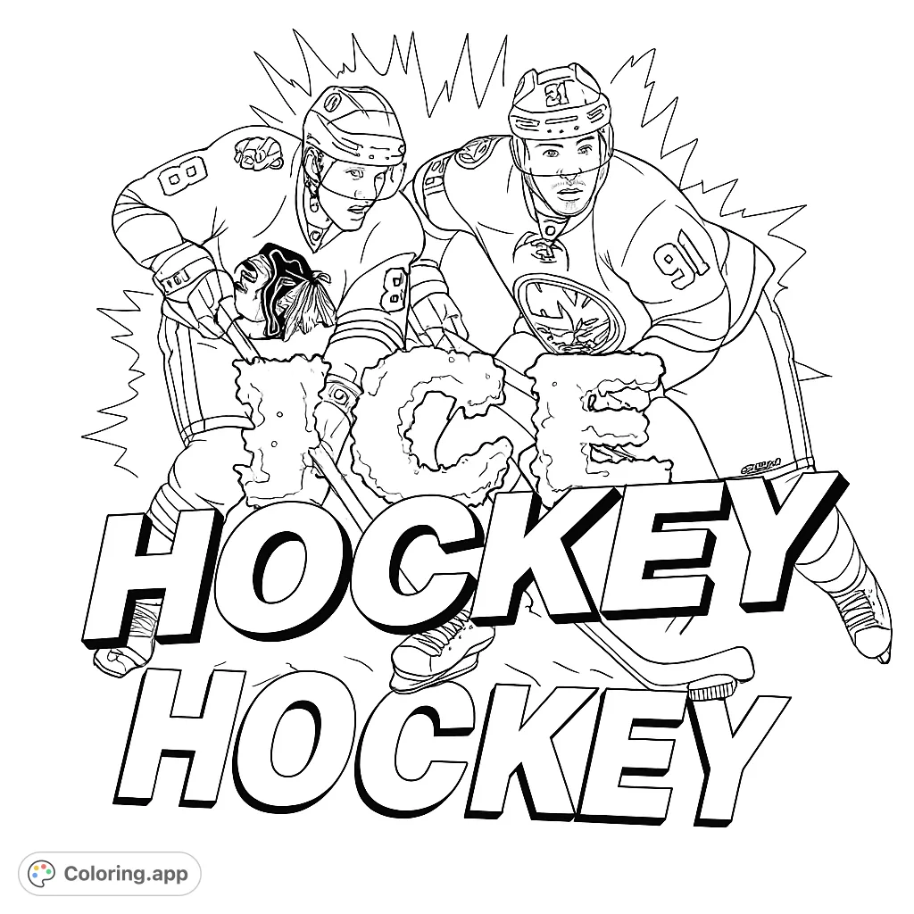 Dynamic hockey players in action, surrounded by energetic lines and textured ice elements. A thrilling sports coloring page for all ages.