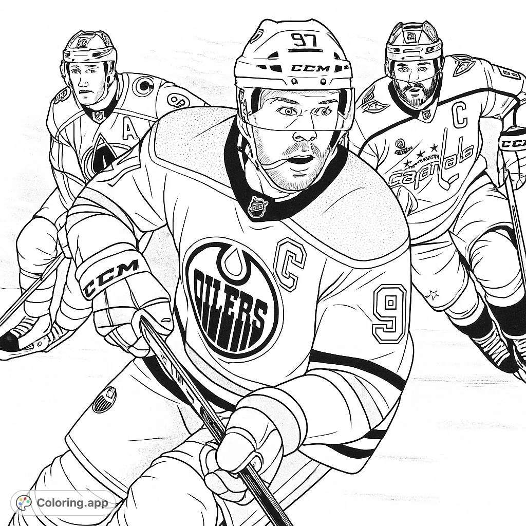Action-packed hockey coloring page featuring three dynamic players on the ice. Free printable sports coloring page for kids and adults.