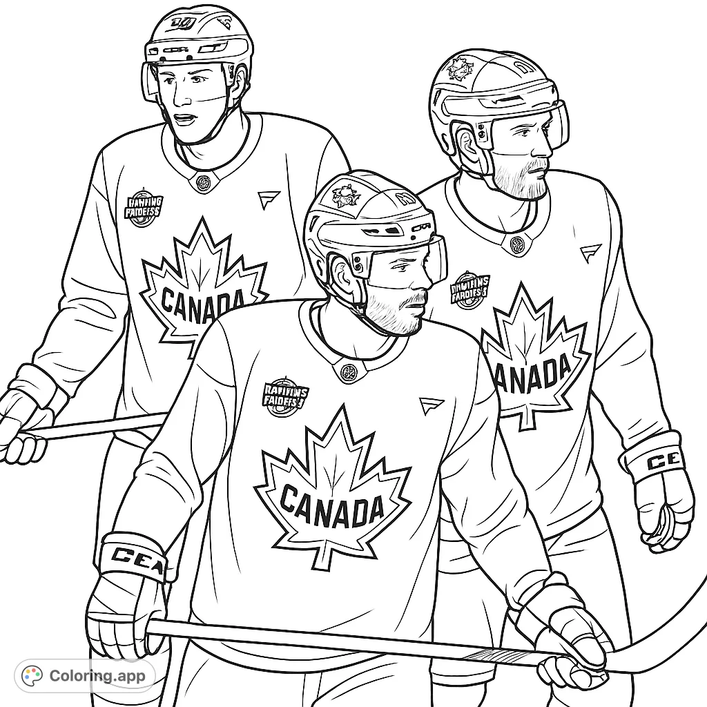 Dynamic hockey team coloring page featuring three players in action, perfect for sports fans. A free printable hockey coloring page for all ages.