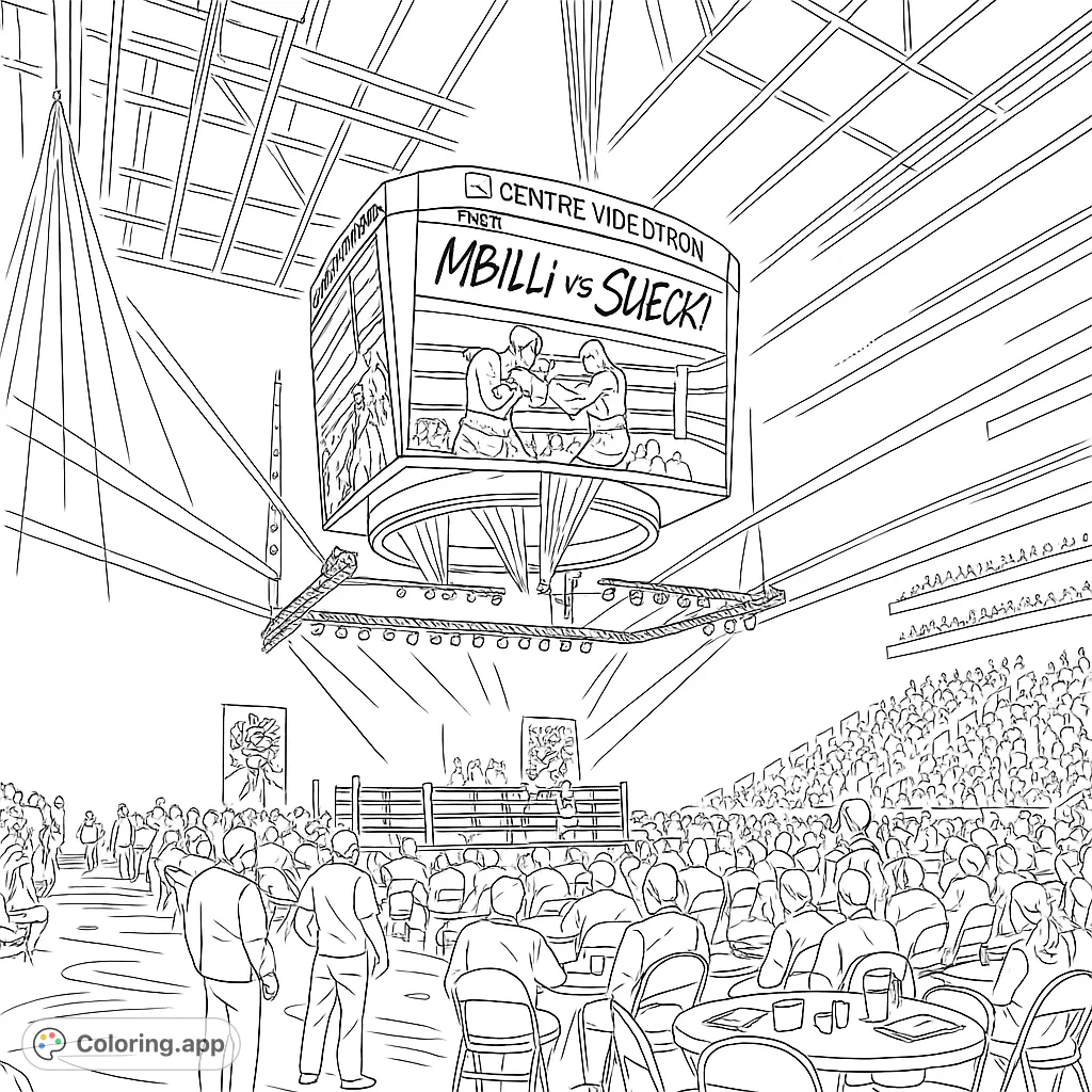 Experience the thrill of a boxing match in a grand arena. This detailed free printable boxing coloring page features a jumbotron, ring, and cheering crowd, perfect for sports fans.