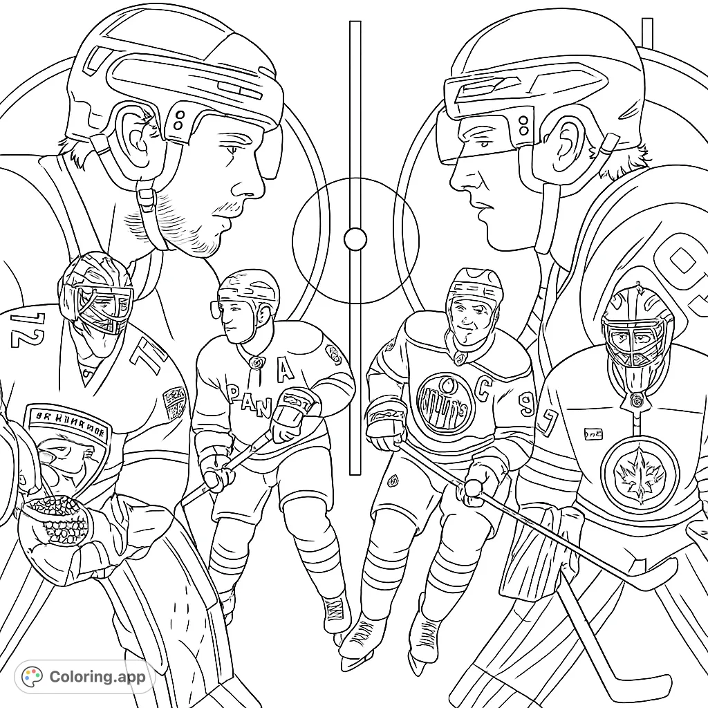 Dynamic hockey scene with players and goalies on the ice. A thrilling sports coloring page for fans of all ages. Free printable hockey action!