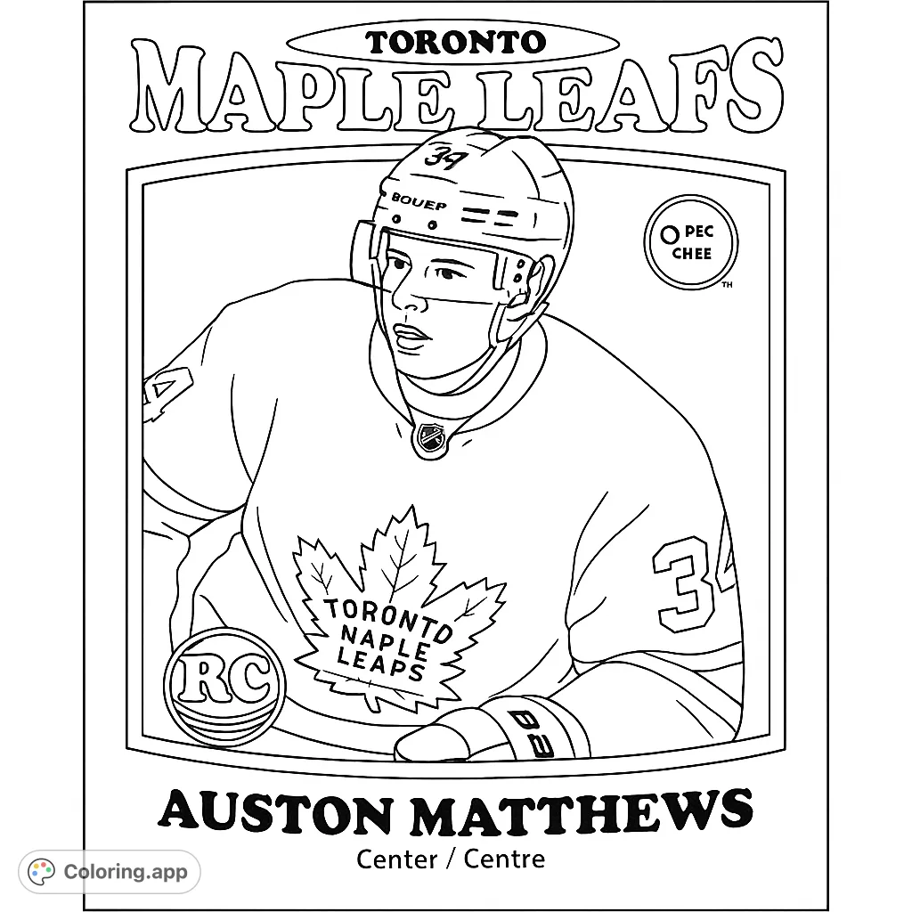 A detailed hockey player portrait in a classic trading card style, featuring a player in full uniform with helmet and a prominent maple leaf emblem.