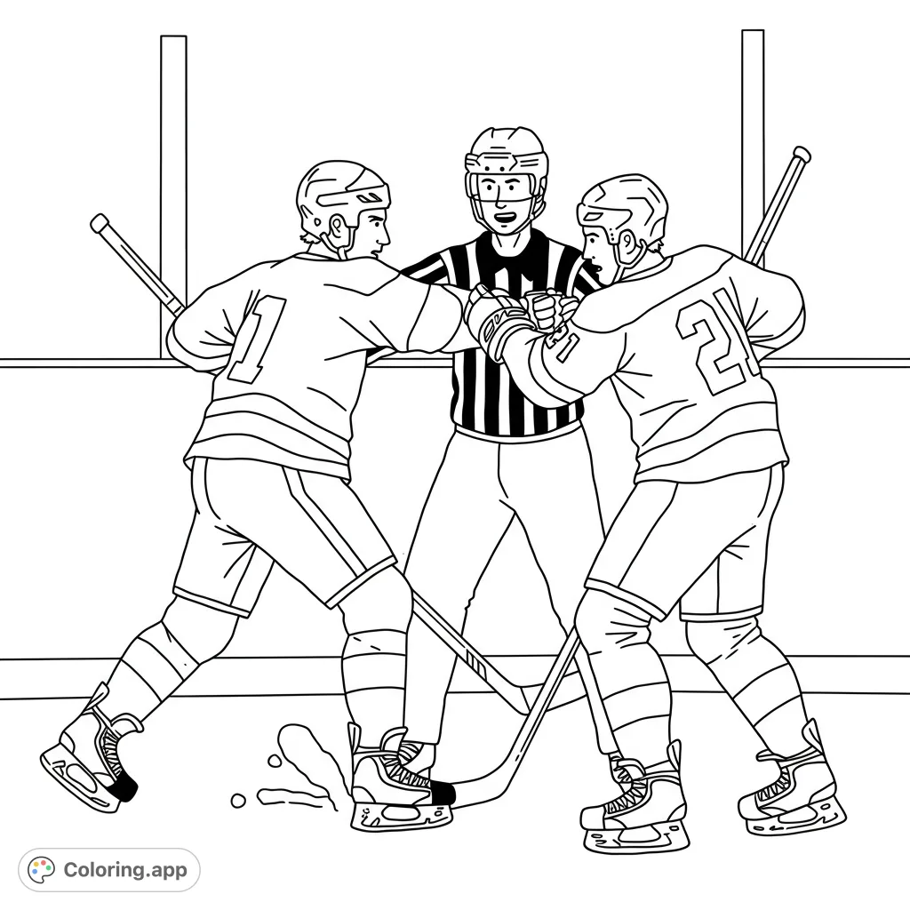 Dynamic ice hockey scene with a referee separating two players on the rink. Perfect for sports fans and aspiring athletes to color!