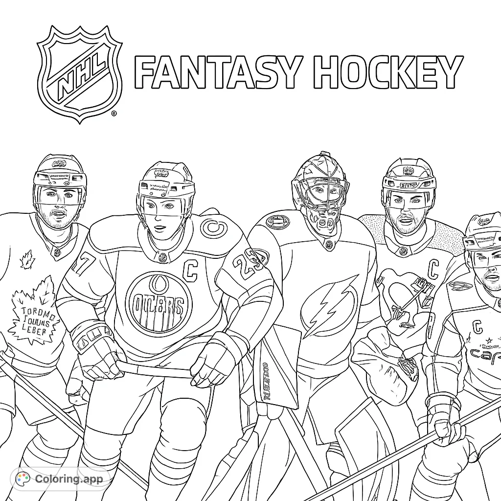 Dynamic ice hockey coloring page featuring five players in detailed gear and an NHL shield. Perfect for sports fans!