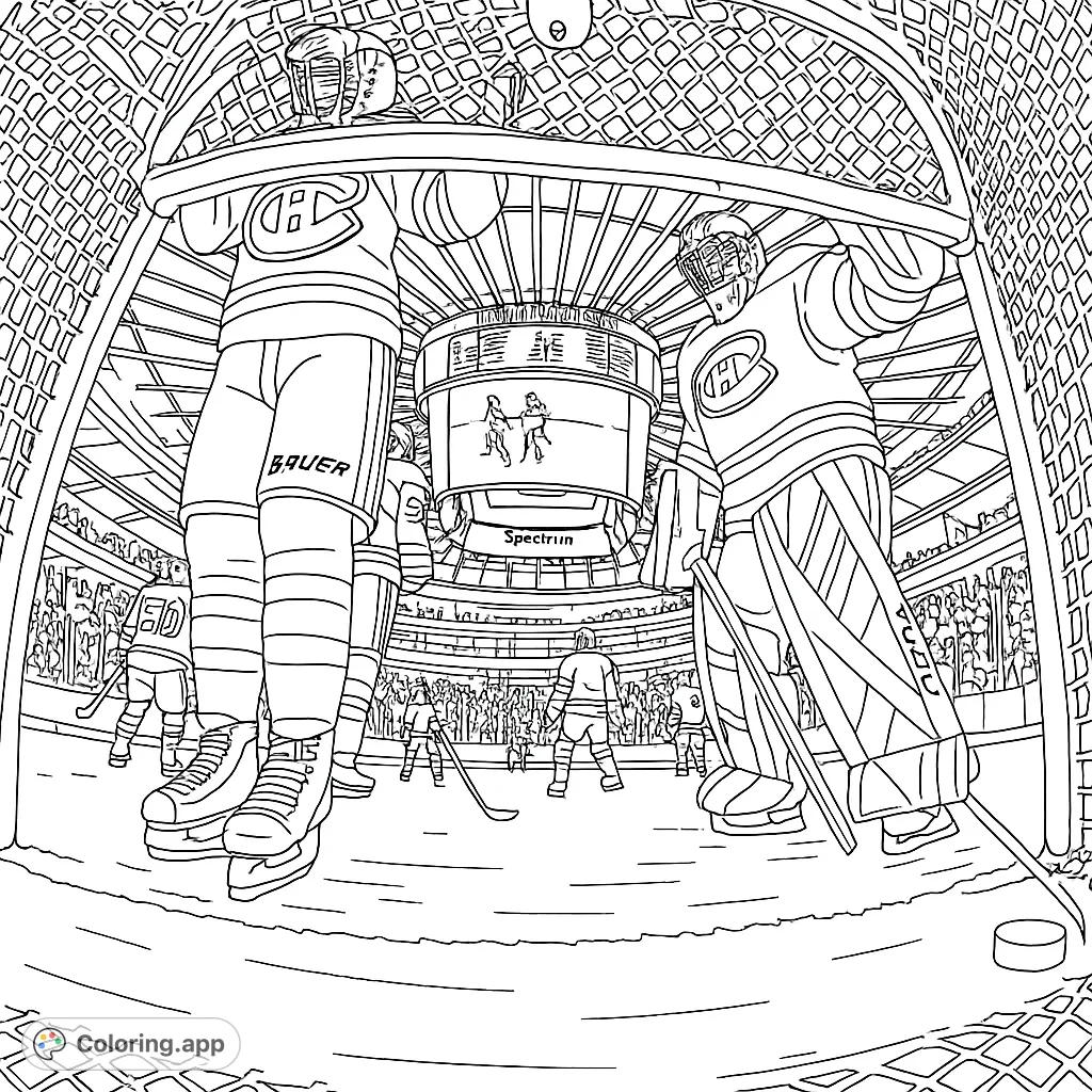 Experience the thrill of a hockey game from inside the net! This dynamic hockey coloring page features players, a goalie, and a packed arena.