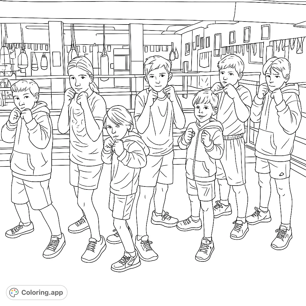 A dynamic boxing gym scene featuring seven young athletes in the ring, ready to train. Perfect for sports enthusiasts and aspiring champions.