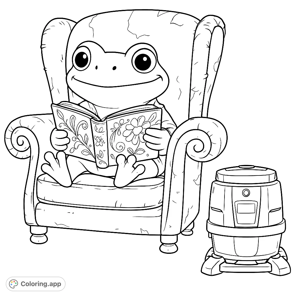 A charming frog reads a floral book in a cozy armchair, with a robot companion nearby. A delightful free printable coloring page for all ages.