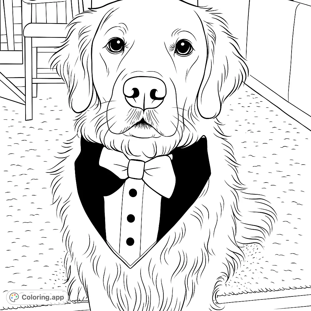 A charming Golden Retriever dog in a dapper tuxedo, ready for coloring. Perfect for dog lovers and those who enjoy detailed animal designs.