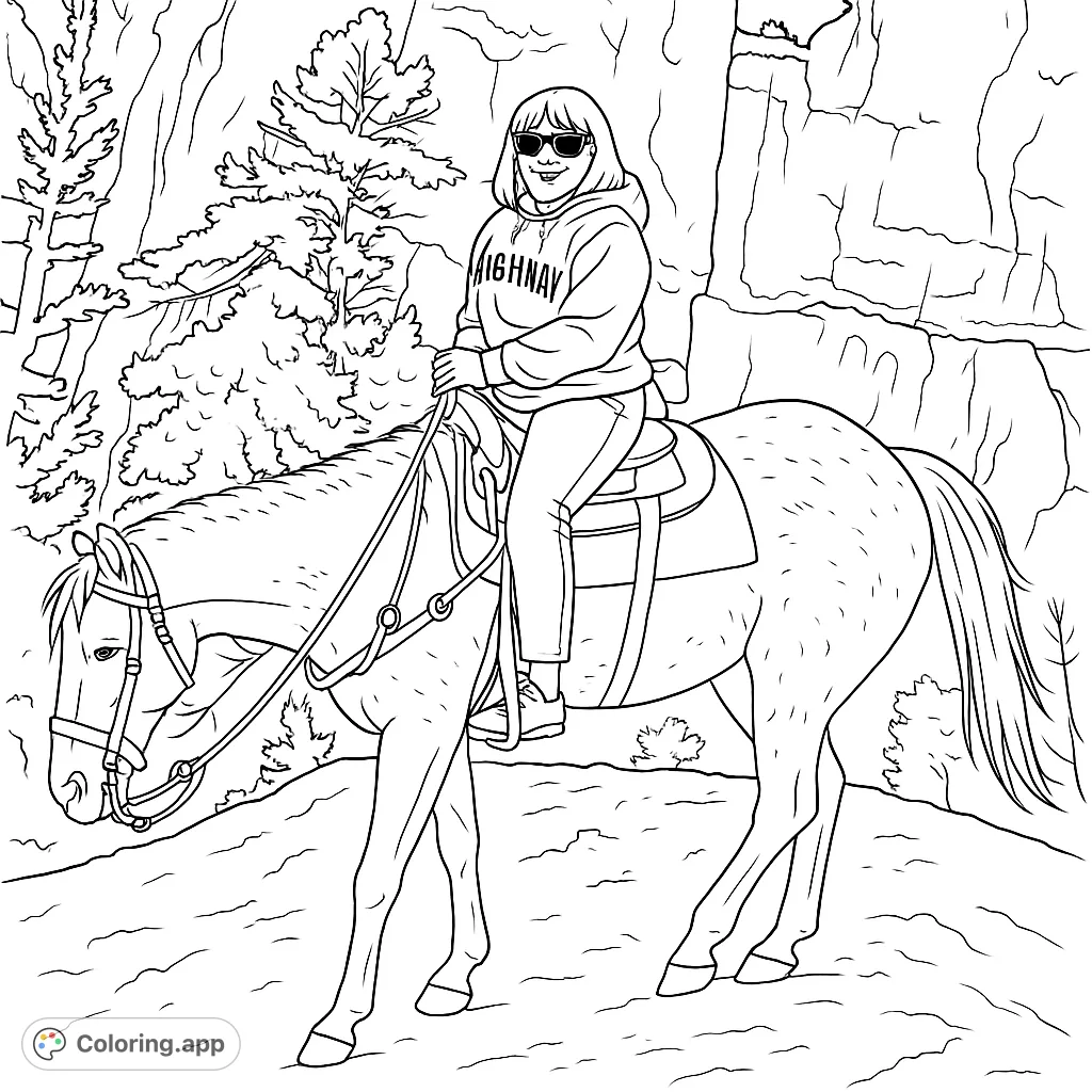 A smiling woman on horseback explores a scenic mountain trail, surrounded by rugged cliffs and pine trees. A perfect adventure coloring page.