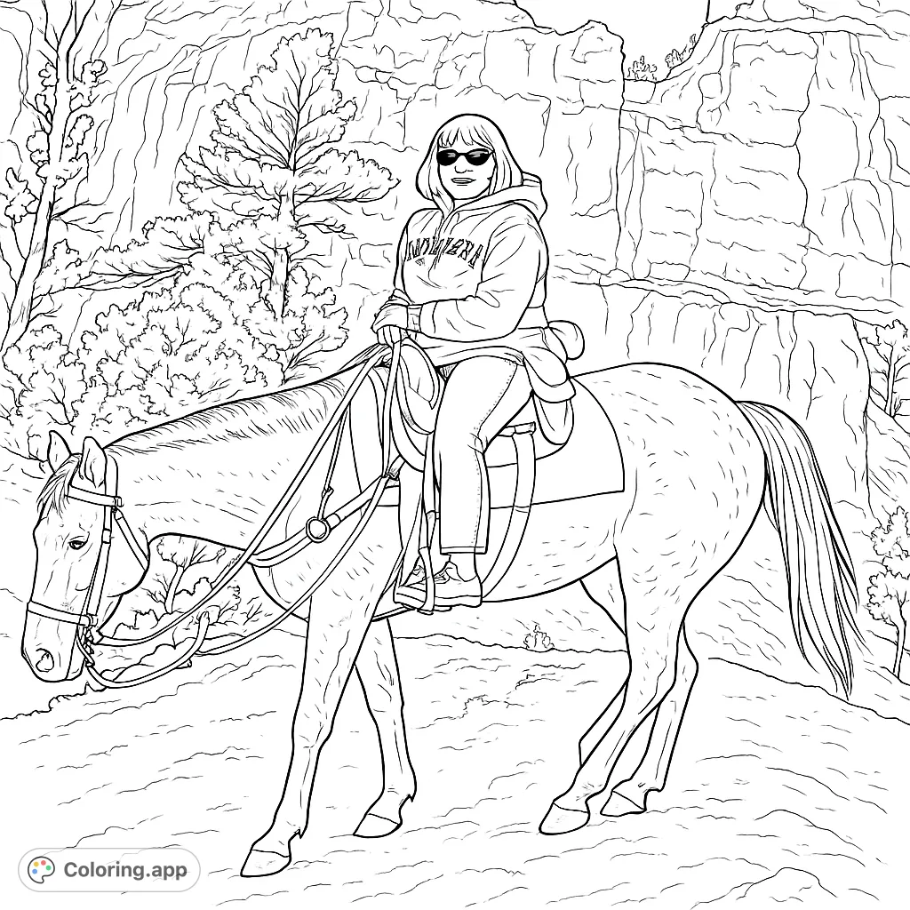 Embark on a scenic horseback adventure! This free printable coloring page features a rider on a majestic horse against a rugged mountain backdrop. Perfect for all ages.