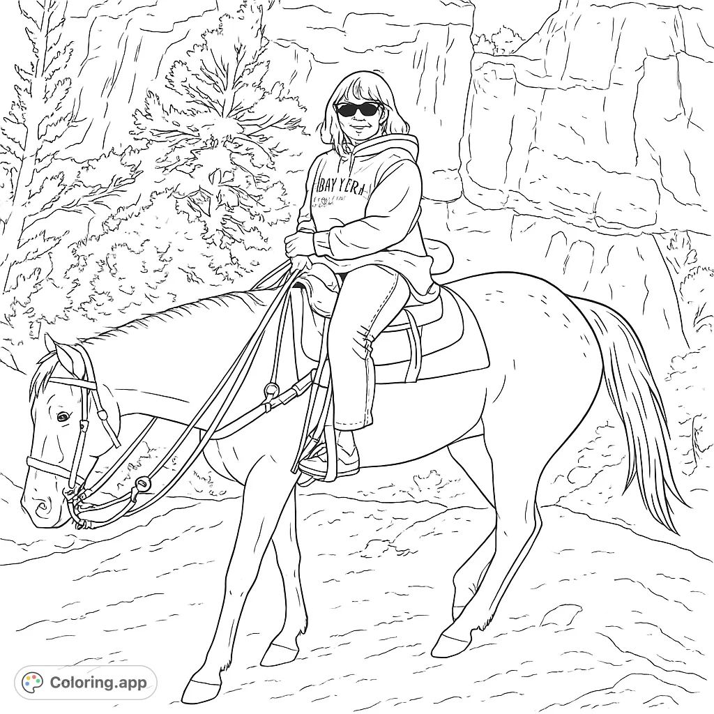 A serene horseback riding scene featuring a person on a horse amidst rugged mountain terrain, perfect for a relaxing coloring experience.
