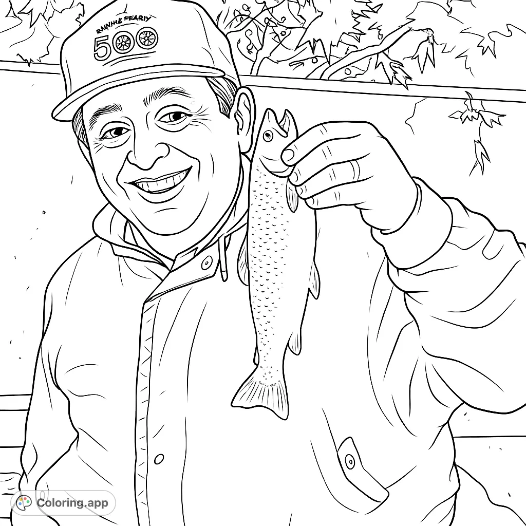A joyful fisherman proudly displays his catch, a detailed trout, in this free printable fishing coloring page. Perfect for nature and outdoor enthusiasts!
