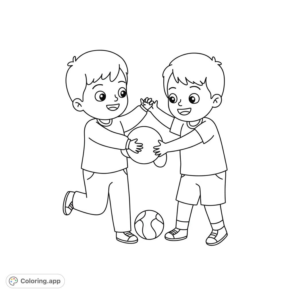 A joyful scene of two happy boys playing with a large ball, with a soccer ball nearby. Perfect for kids to color and celebrate friendship and fun!