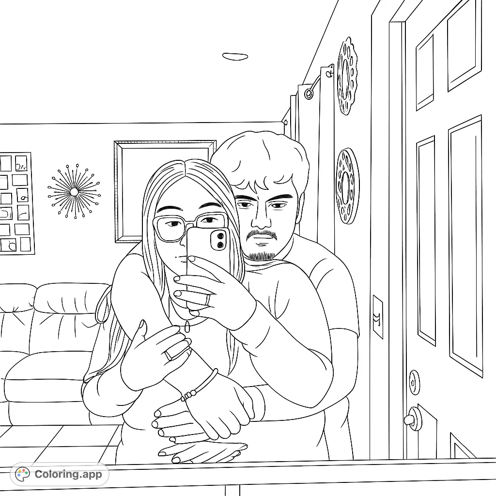 A heartwarming couple's selfie in a cozy home setting, perfect for a romantic coloring page. Capture their love and personalize the scene!