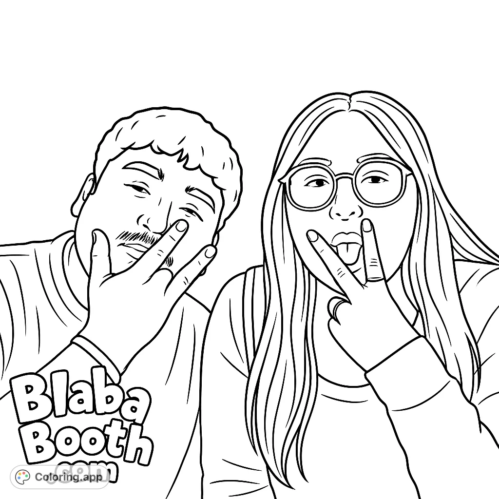 A fun selfie coloring page featuring two friends striking playful poses. Perfect for personalizing with vibrant colors and creative flair!