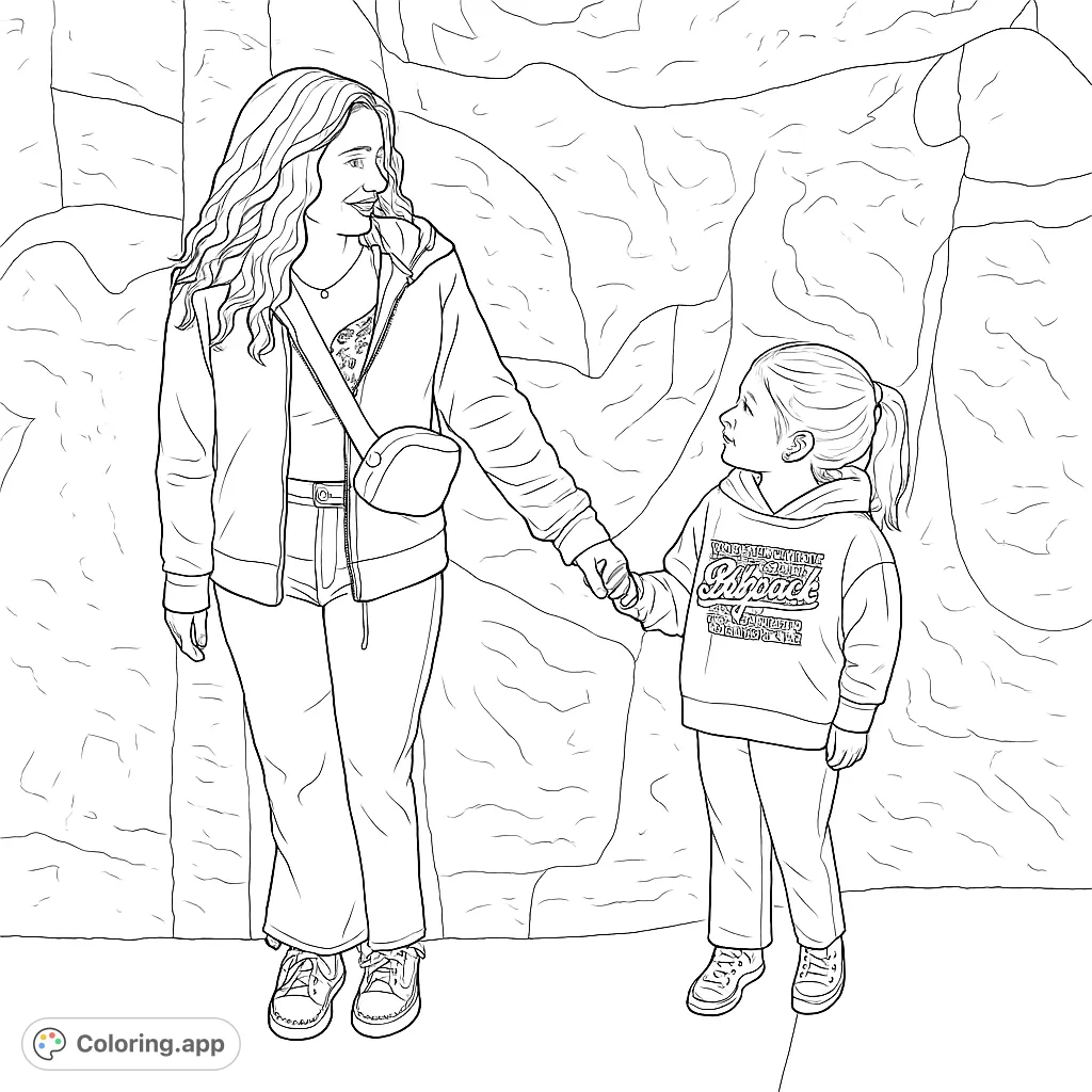 A heartwarming mother and daughter coloring page, holding hands against a textured wall. Perfect for family bonding and creative expression. Free printable.