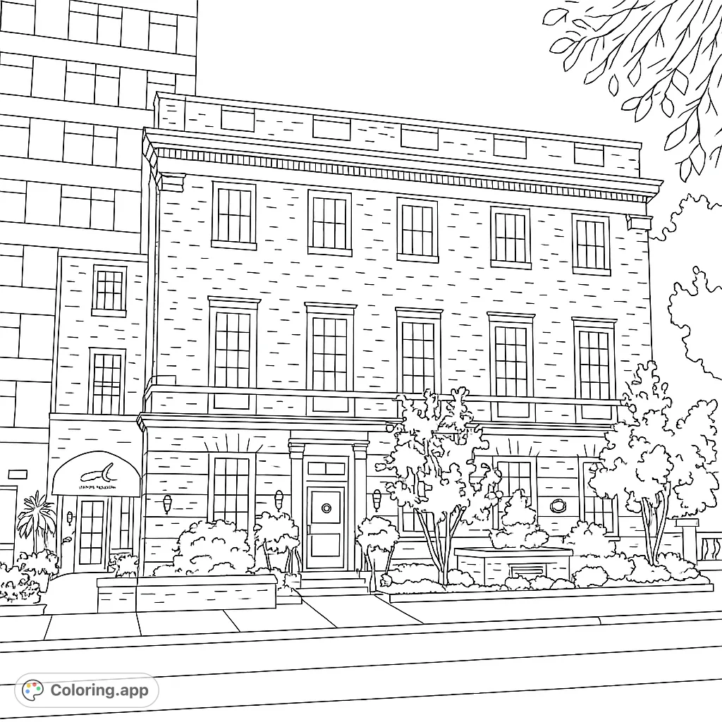 Explore a detailed grand city building coloring page, featuring classical architecture, intricate windows, and lush landscaping. A free printable urban scene for all ages.