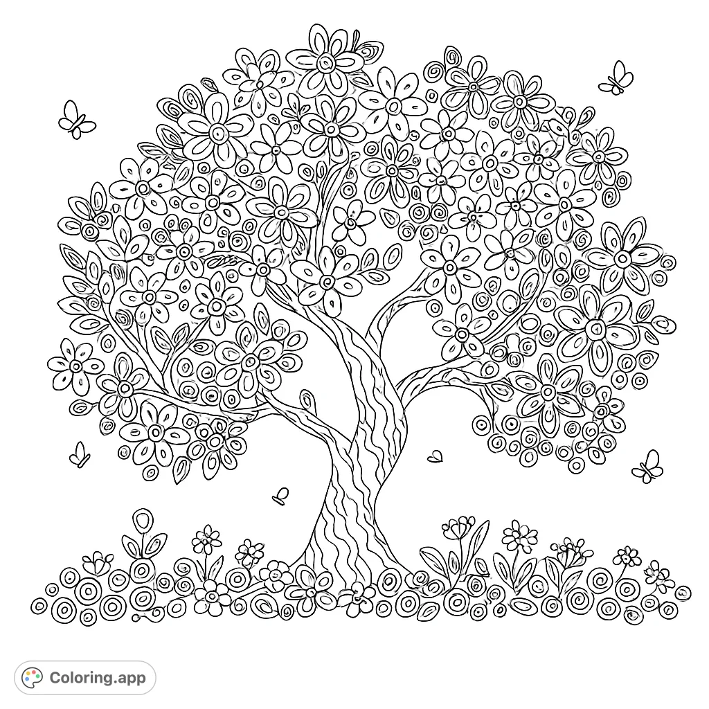 A delightful whimsical tree bursts with intricate flowers and swirling patterns, surrounded by fluttering butterflies. A charming nature scene for all ages.