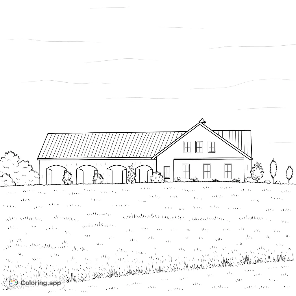 Color a charming rustic farmhouse and barn scene with a vast grassy field and distant hills. A free printable farm coloring page for all ages.