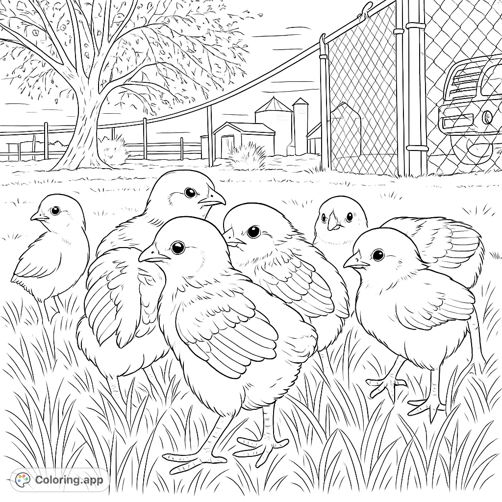 Adorable fluffy chicks explore a sunny farmyard. A charming free printable farm animal coloring page for kids and adults.