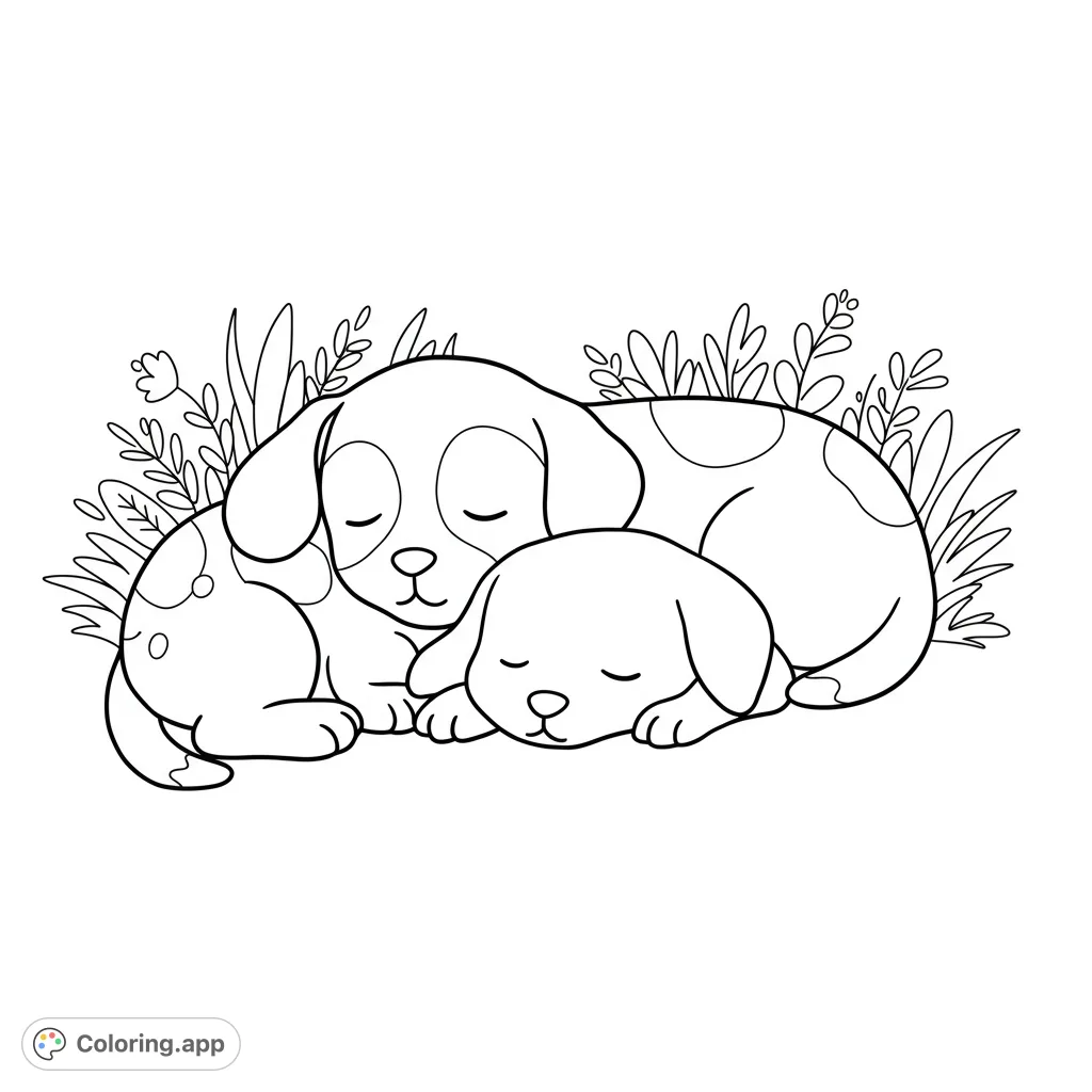 Sleeping Puppy and Friend Coloring Page