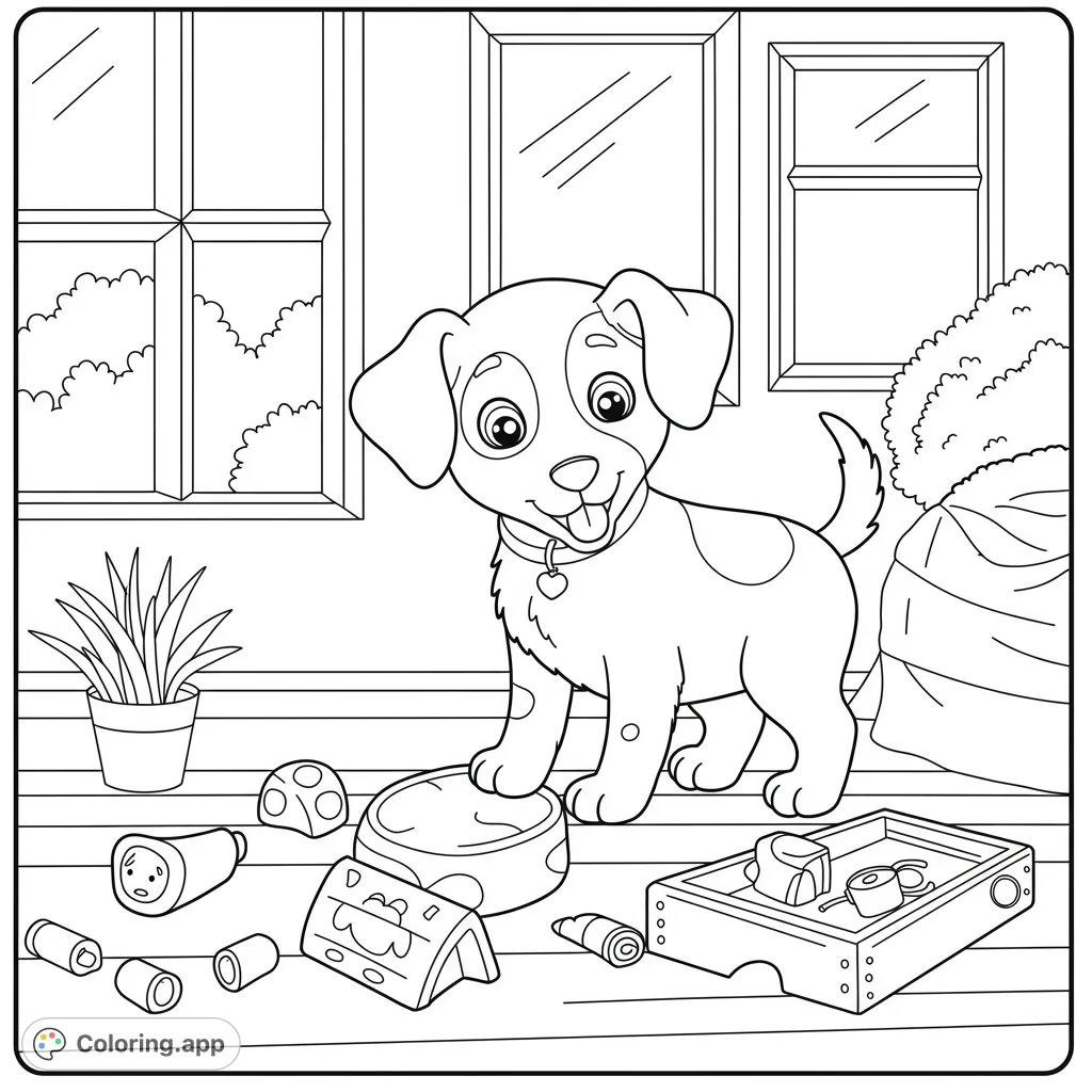 An adorable puppy surrounded by its favorite toys and a food bowl, ready for a fun coloring adventure. Perfect for animal lovers!